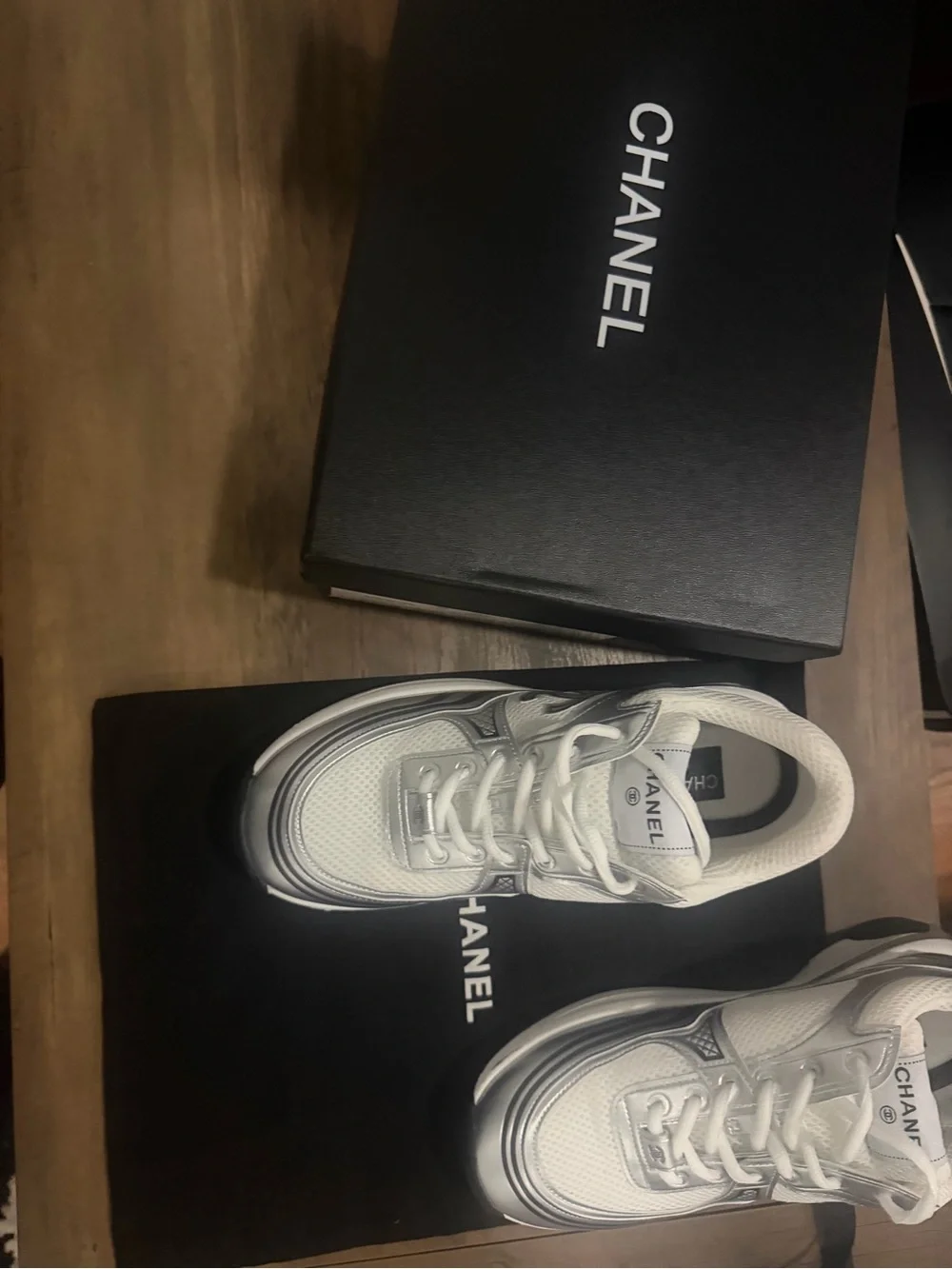 CHANEL Silver & White Logo Runner Sneakers